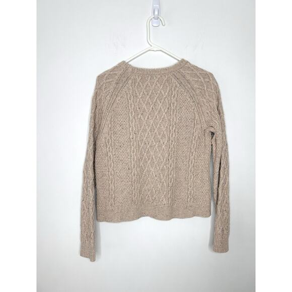 J Crew Donegal Knit Crew Sweater Sz S Tan Cable Knit Fisherman Boxy Fit Flecked - Picture 2 of 7